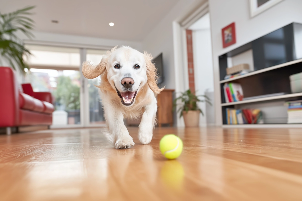 Verns Carpets-Dog Runs Plays On HardwoodFloor-Stock